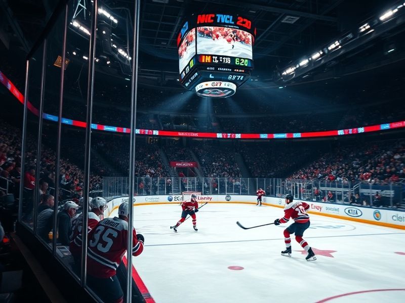 A high-energy NHL game with players in action on the ice, bright arena lights, and a packed crowd in the background. The scen