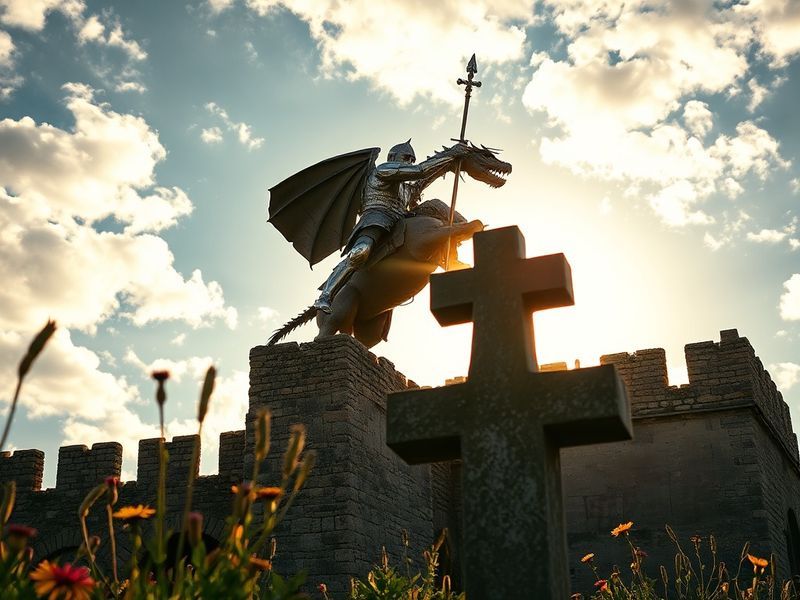 A vibrant scene of St. George’s Day celebrations in England, featuring a medieval reenactment of St. George slaying the drago