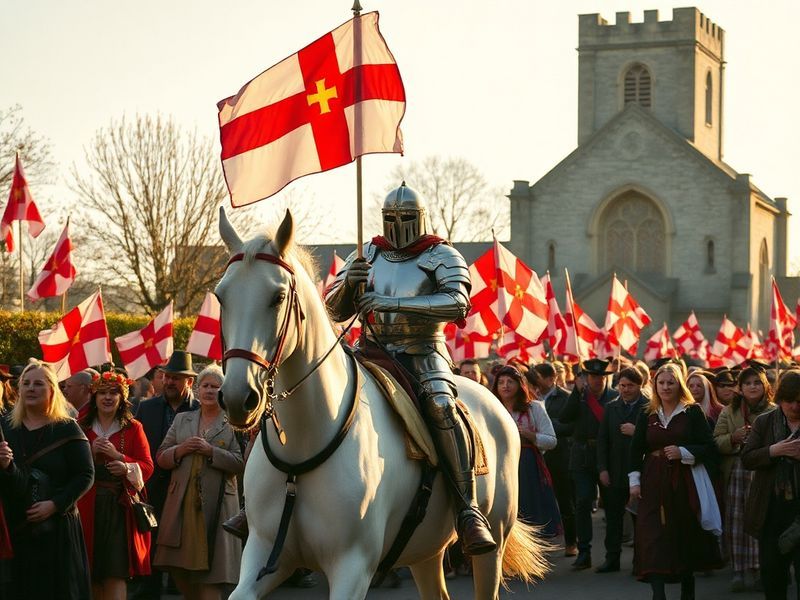 A vibrant scene of St. George’s Day celebrations in England, featuring a parade with people carrying the St. George’s flag, M