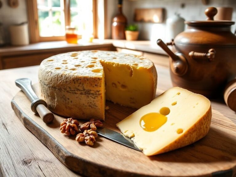A rustic wooden cheese board featuring three varieties of Asiago cheese—soft Pressato, semi-aged Mezzano, and hard Vecchio—su