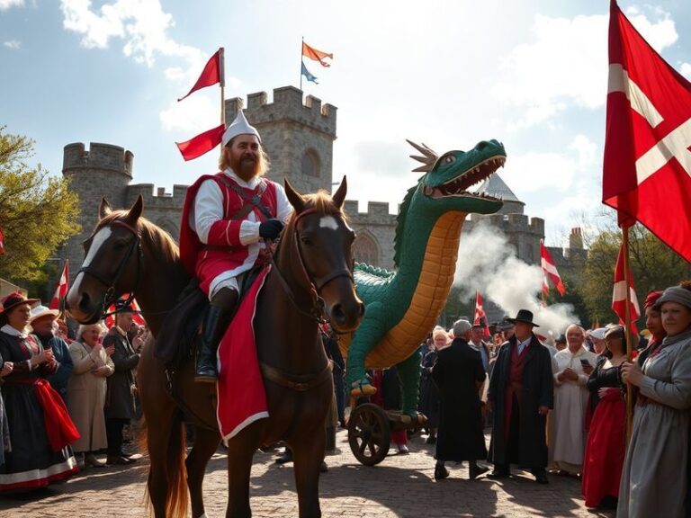 A vibrant scene of St. George’s Day celebrations: a red and white flag waving over a historic English town square, with Morri