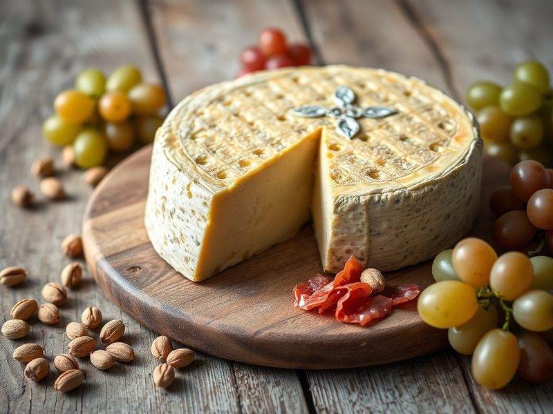 A rustic wooden table setting featuring a wheel of aged Asiago cheese, a wedge of fresh Asiago, and a glass of red wine. The