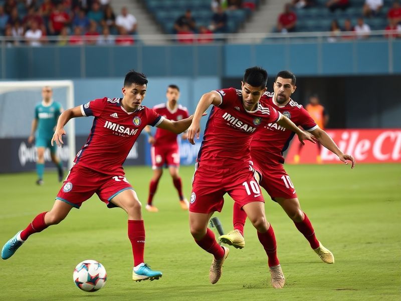A mid-action shot of Lionel Messi in a blue Inter Miami jersey during a match against Real Salt Lake, with players in red and