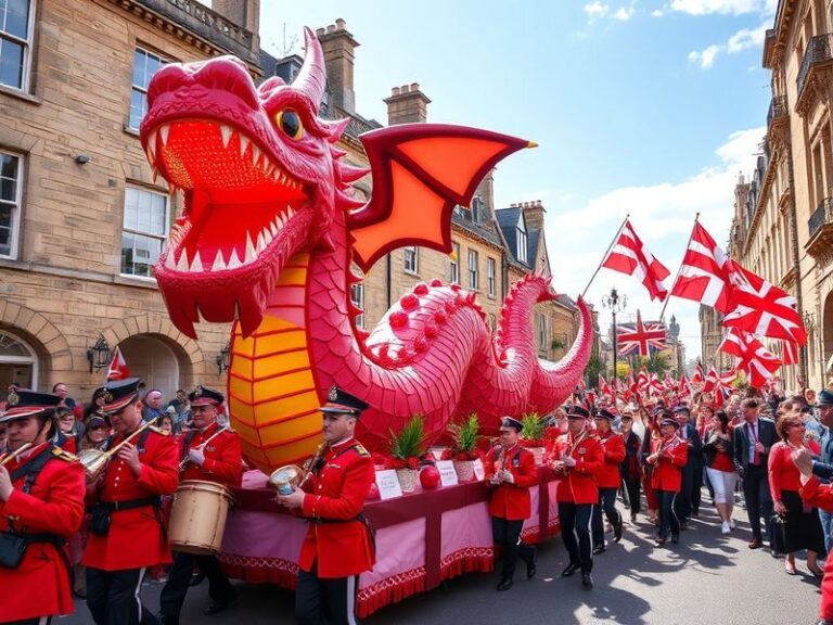 A vibrant illustration of St. George slaying the dragon, set against a backdrop of the English countryside with medieval arch