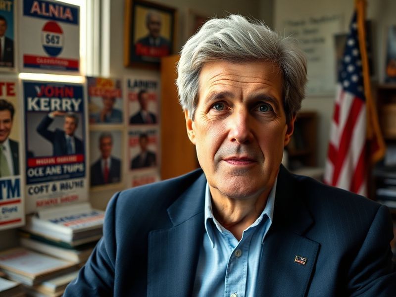 A formal portrait of John Kerry in a suit, standing outdoors with an American flag in the background, evoking a sense of stat
