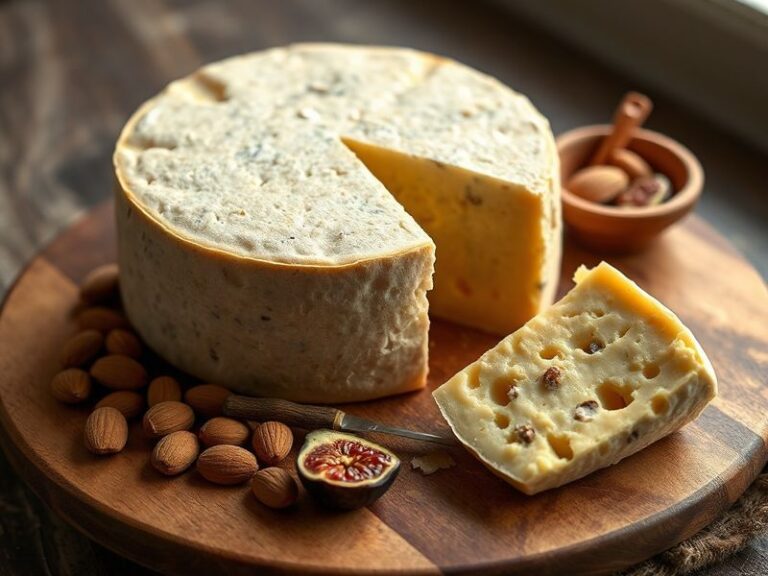 A rustic wooden cheese board displaying several wheels of Asiago cheese at different aging stages, set on a sunlit alpine pas