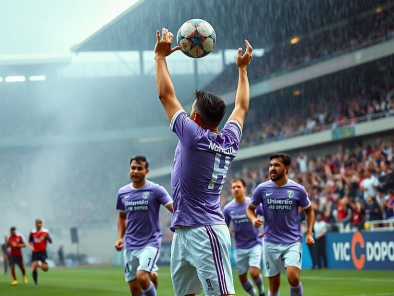 A vibrant stadium scene with Universitario’s blue and white colors clashing against Deportivo Garcilaso’s red and white, set