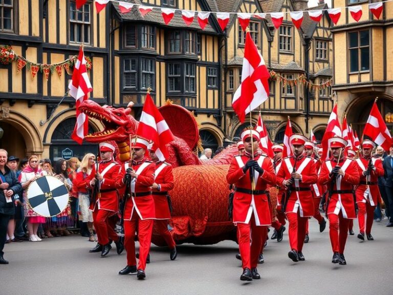 A vibrant scene of multicultural celebrations for St. George’s Day, featuring a mix of English, Catalan, and Caribbean tradit