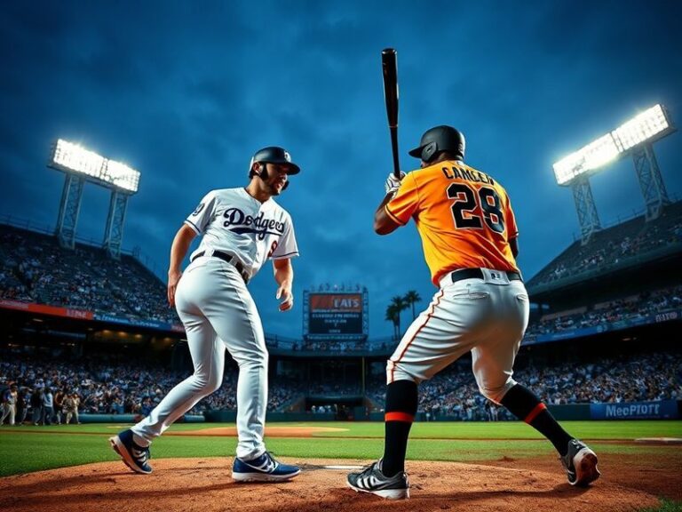 A split-screen image showing Dodger Stadium in Los Angeles on one side and Oracle Park in San Francisco on the other, with th
