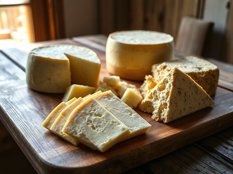 A rustic wooden table setting featuring a wheel of aged Asiago cheese surrounded by fresh herbs, sliced pears, honeycomb, and