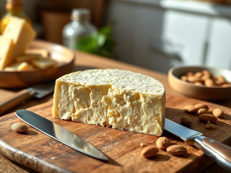 A rustic wooden cheese board featuring several aged Asiago wheels, a wedge of Stravecchio with visible crystals, fresh herbs,