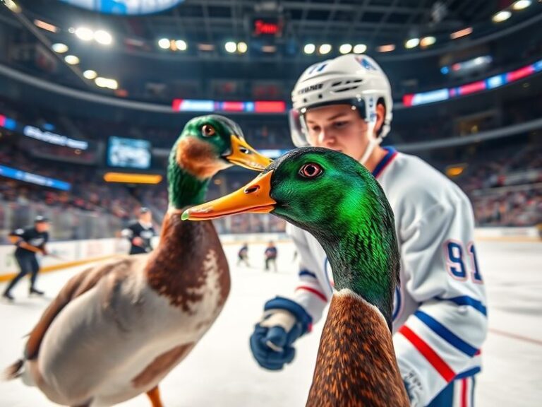 A dynamic hockey scene featuring Connor McDavid of the Edmonton Oilers battling an Anaheim Ducks defenseman, with the scorebo