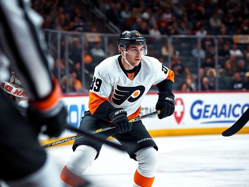 A dynamic action shot of Noah Cates in a Philadelphia Flyers jersey, mid-stride on the ice with a focused expression, surroun