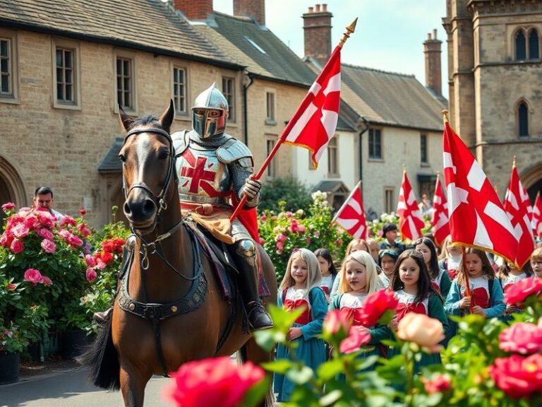 A vibrant scene of St. George's Day celebrations in London: red and white flags waving against a historic backdrop, diverse c