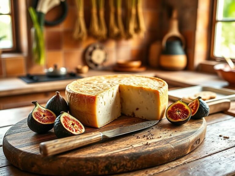 A rustic wooden table setting featuring a wheel of aged Asiago cheese, paired with slices of pear, walnuts, and a glass of re