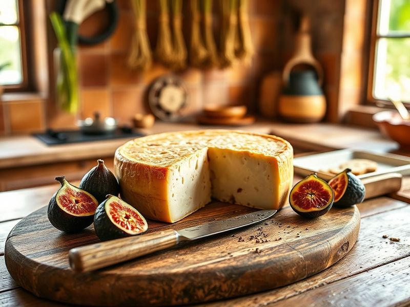 A rustic wooden table setting featuring a wheel of aged Asiago cheese, paired with slices of pear, walnuts, and a glass of re