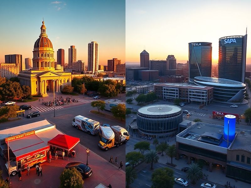 A split-screen image: on the left, Austin’s skyline with the Texas State Capitol and outdoor festival banners; on the right,