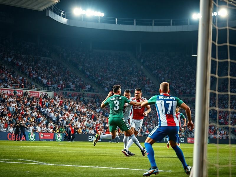 A vibrant stadium scene featuring Necaxa and Guadalajara players in action, with fans in red and white (Guadalajara) and blue