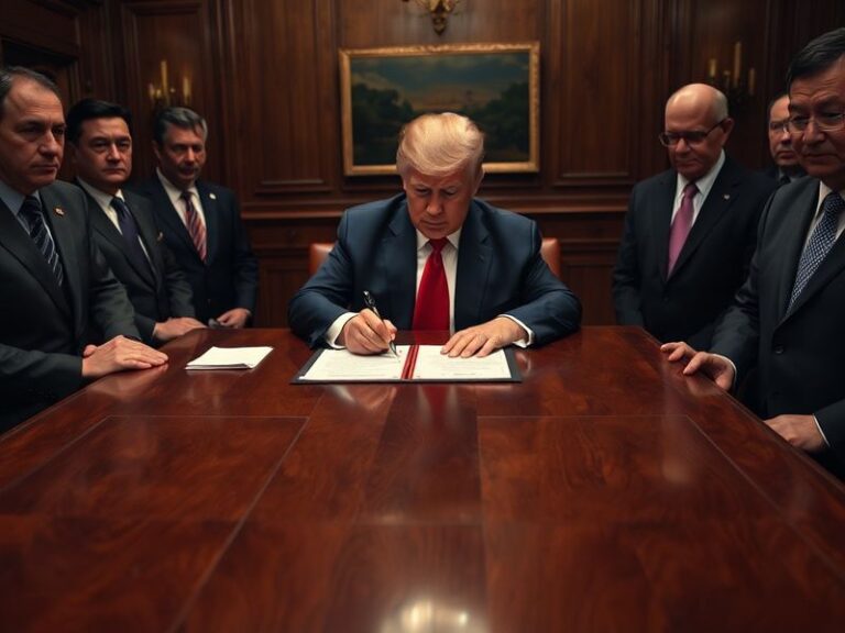 A split-screen image showing Donald Trump shaking hands with a foreign leader on one side, and a war-torn cityscape on the ot