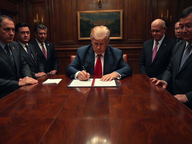A split-screen image showing Donald Trump shaking hands with a foreign leader on one side, and a war-torn cityscape on the ot