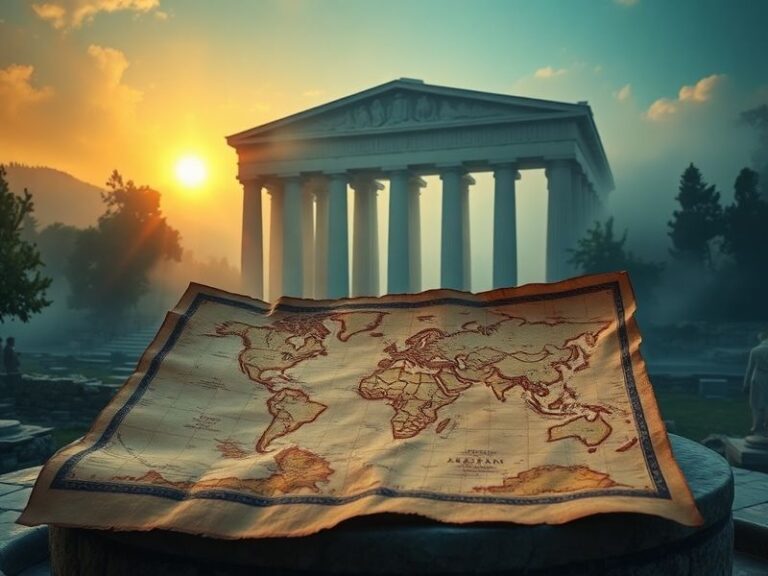 A grand temple ruins with statues of ancient gods from multiple pantheons (Greek, Hindu, Egyptian) standing side by side unde