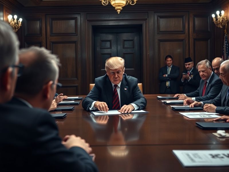 A split-screen image showing Donald Trump speaking at a podium with world flags in the background, juxtaposed with a war-torn