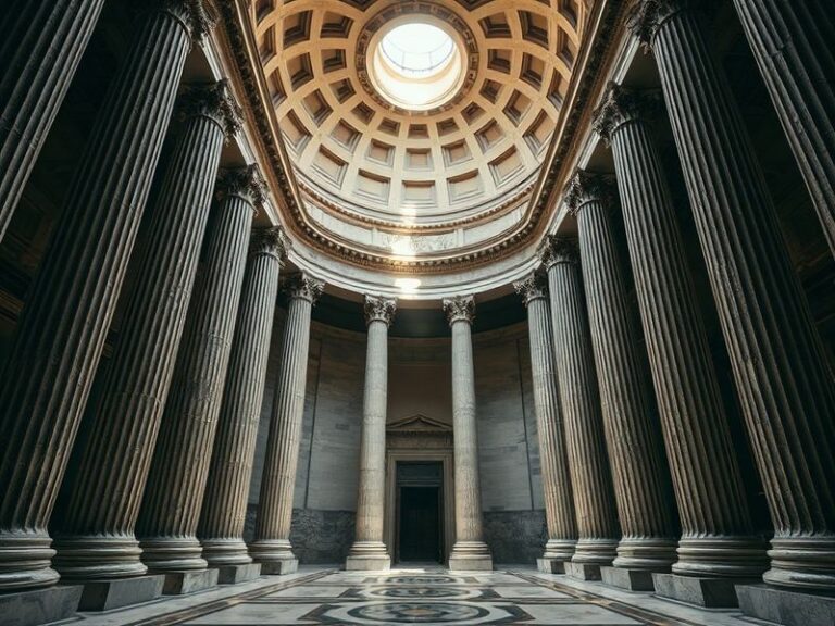 A daytime shot of the Pantheon in Rome, showing its iconic portico with Corinthian columns, triangular pediment, and the mass
