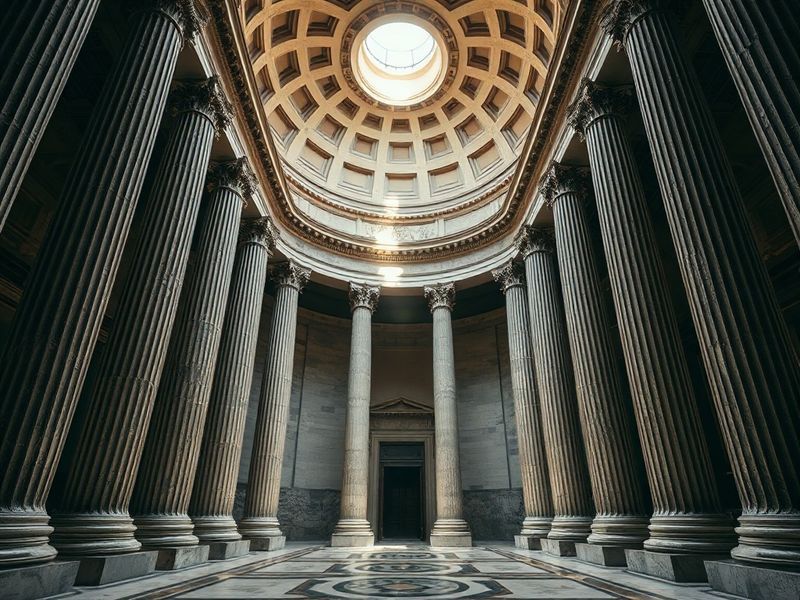 A daytime shot of the Pantheon in Rome, showing its iconic portico with Corinthian columns, triangular pediment, and the mass