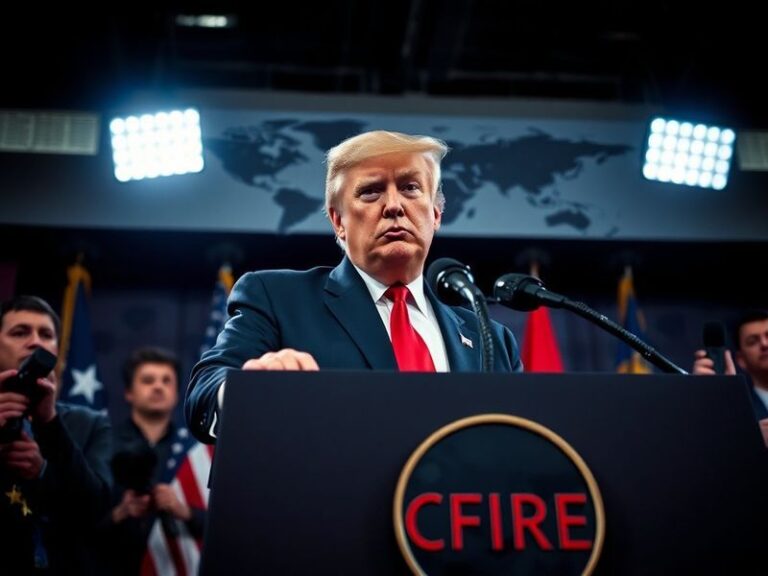 A split-screen image showing Trump at a 2020 peace signing with Middle Eastern leaders on one side and a tense battlefield sc