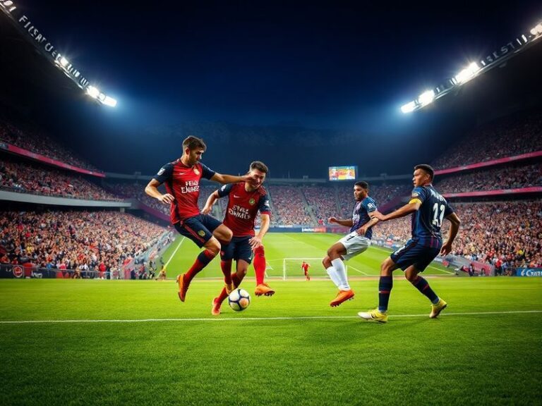 A soccer stadium at night with players in red and black (Inter Miami) facing off against players in burgundy and gray (Real S