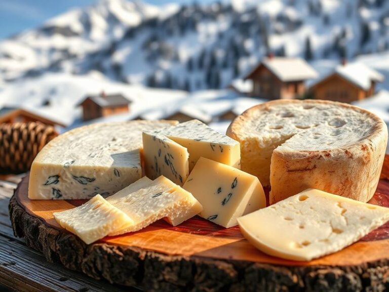 A rustic wooden table set with a large wheel of aged Asiago cheese, a wedge cut out to reveal its crumbly texture. Surroundin