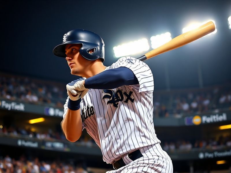 A dynamic image of a White Sox player mid-pitch at Guaranteed Rate Field, with the Chicago skyline in the background, capturi