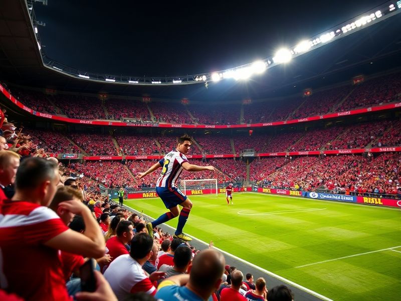 A dynamic mid-match shot from the stands showing Lionel Messi in a blue Inter Miami jersey controlling the ball against Real