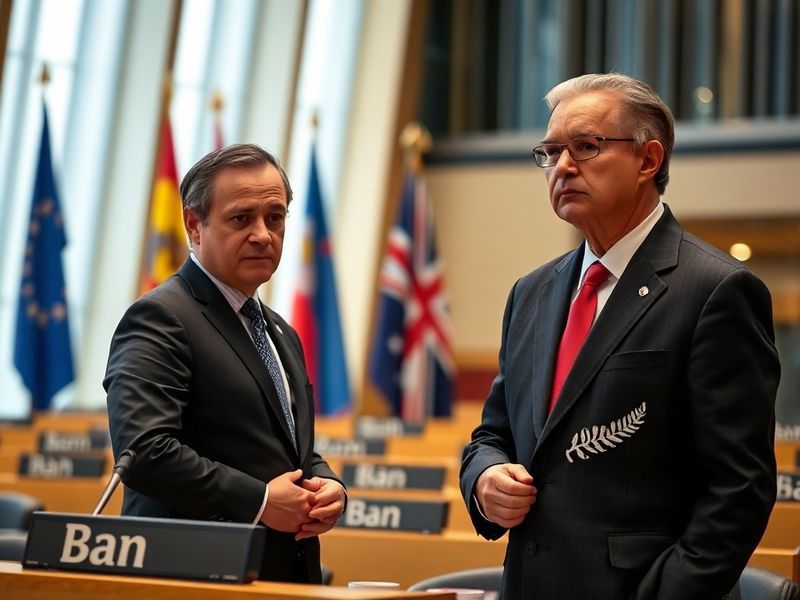 A split-image illustration showing a New Zealand flag alongside a stylized digital globe with blocked content icons, represen