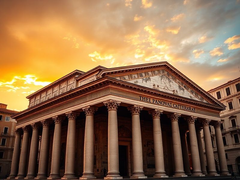 A daytime exterior shot of the Pantheon in Rome, showcasing its massive portico, Corinthian columns, and iconic dome with the