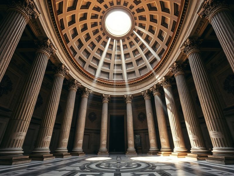 A majestic daytime view of Rome's Pantheon exterior showing its massive portico with Corinthian columns and triangular pedime