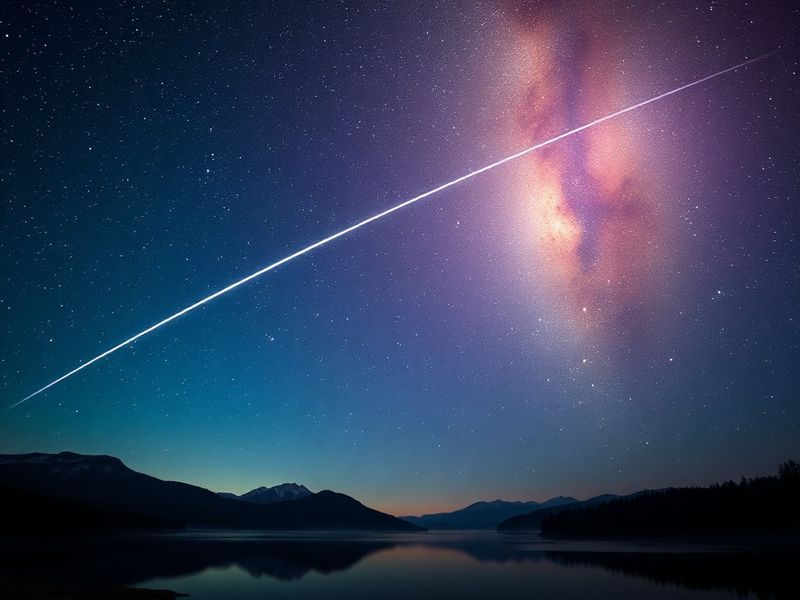 A wide-angle night sky photograph featuring a bright Lyrid meteor streaking across a star-filled sky, with the constellation