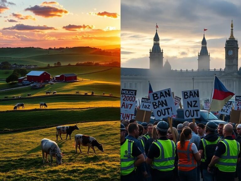 A split-image illustration showing a New Zealand cricket player in black uniform on one side and a Pakistani stadium with emp