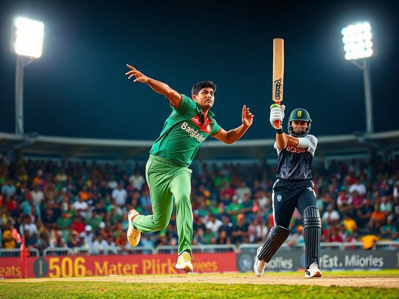 A dynamic cricket action shot featuring Bangladesh and New Zealand players in a high-stakes match, with the Bangladesh flag a