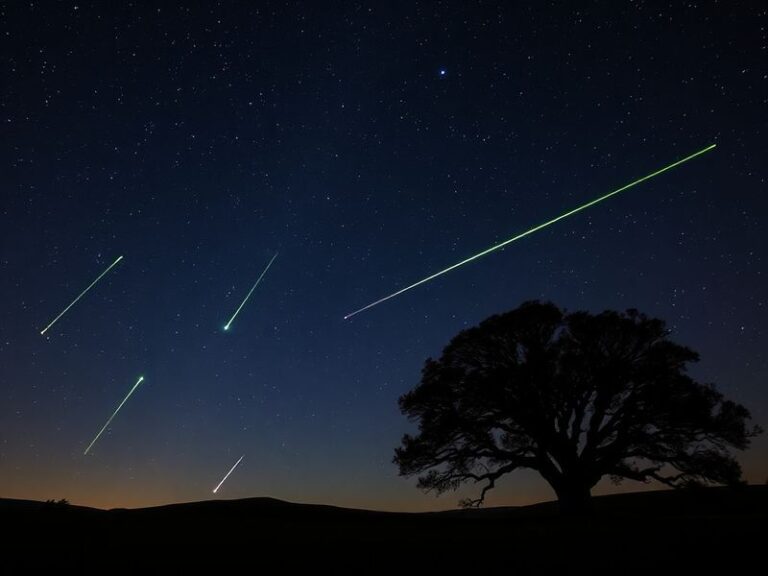 A wide-angle nighttime photograph of the Lyrids meteor shower over a dark landscape, with streaks of light across a star-fill