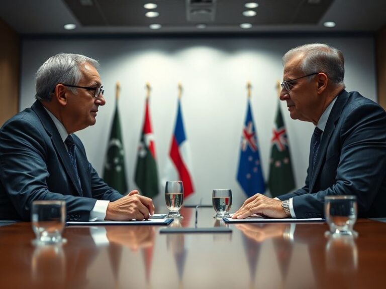 A split-image visual showing a tense cricket match between Bangladesh and New Zealand, with one side featuring diplomatic fla