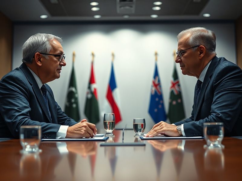 A split-image visual showing a tense cricket match between Bangladesh and New Zealand, with one side featuring diplomatic fla