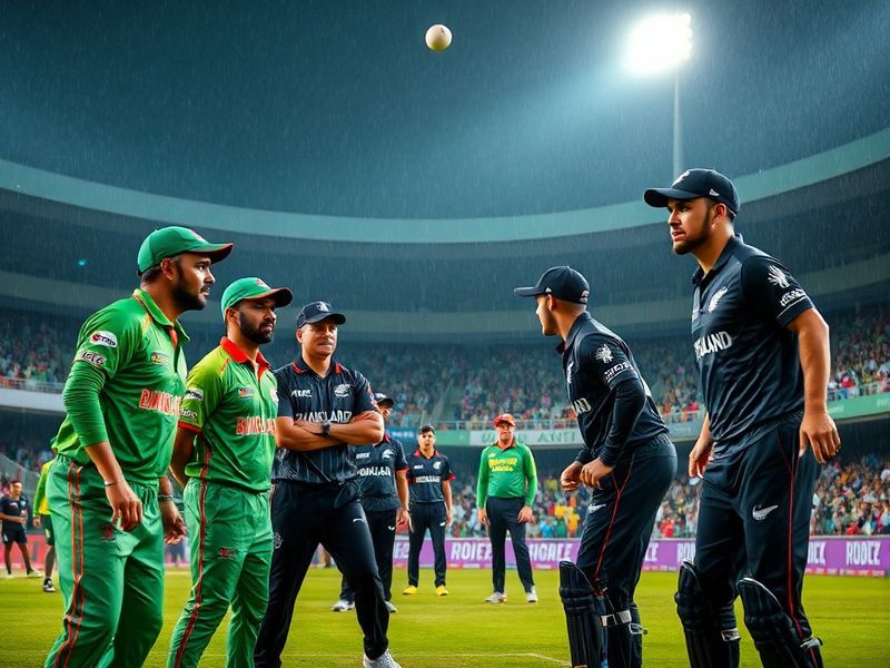 A tense moment in a Test match between Bangladesh and New Zealand, featuring a spinner bowling to a batter under lights, with