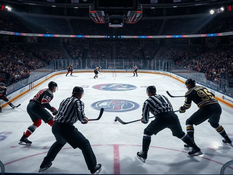A high-energy action shot of NHL players battling in sudden-death overtime on a dimly lit arena ice rink, with a referee prep