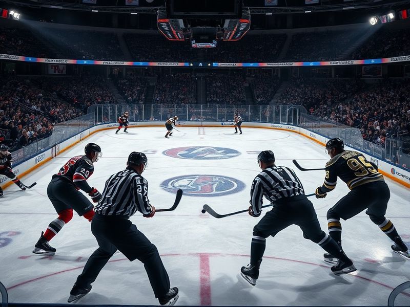A high-energy action shot of NHL players battling in sudden-death overtime on a dimly lit arena ice rink, with a referee prep