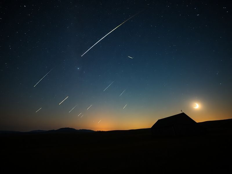A wide-angle night sky photograph showing multiple Lyrids meteors streaking above a dark landscape with silhouetted trees and