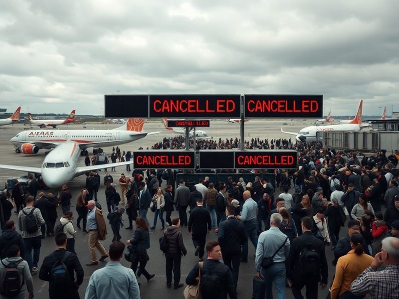 A crowded airport terminal with passengers checking monitors for flight updates, luggage in tow, and an overcast sky visible