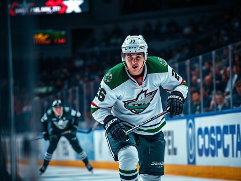 A focused action shot of Eriksson Ek in a Minnesota Wild jersey during a game, mid-stride on the ice with a determined expres