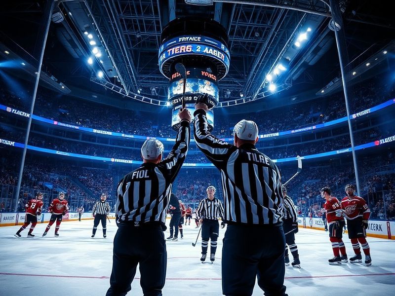 A tense NHL playoff overtime scene with players battling on the ice under bright arena lights, the scoreboard displaying 'Ove
