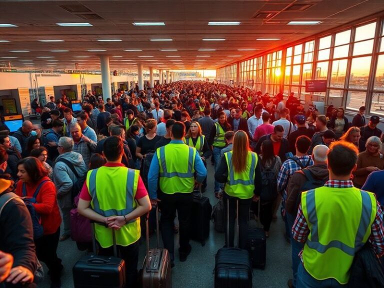 A busy airport terminal with delayed flight boards and frustrated passengers waiting with luggage. The scene captures the ten